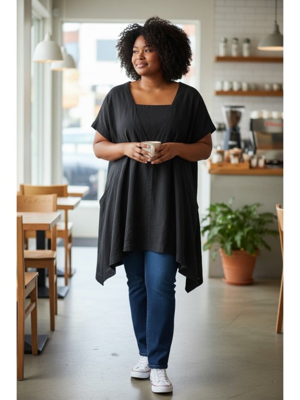 Ellos Linen Tunic Black Size L (18/20) Minimalist Spring Beach Coastal Vacation